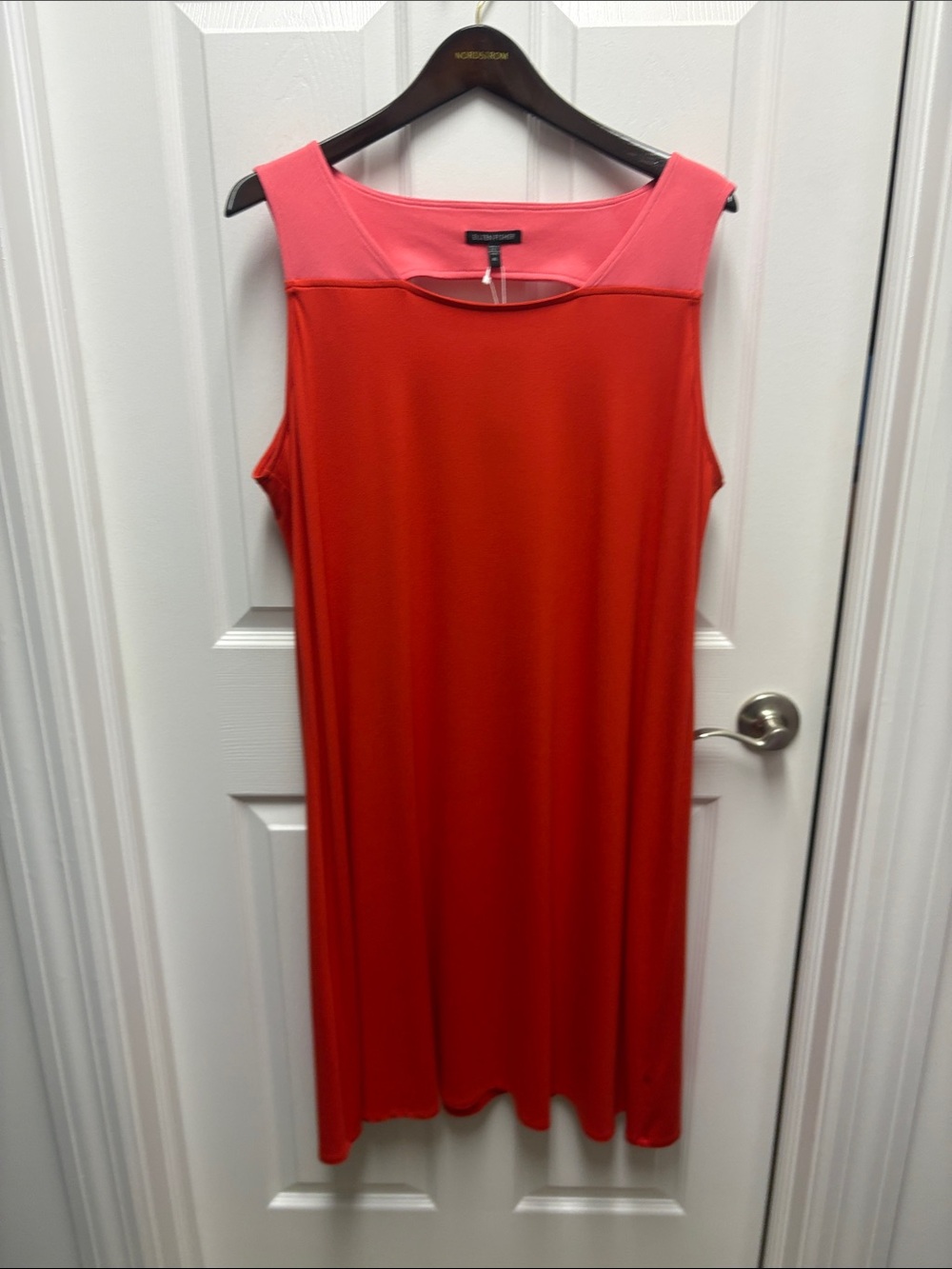 Eileen Fisher Coral Red Midi Dress with Pink Yoke